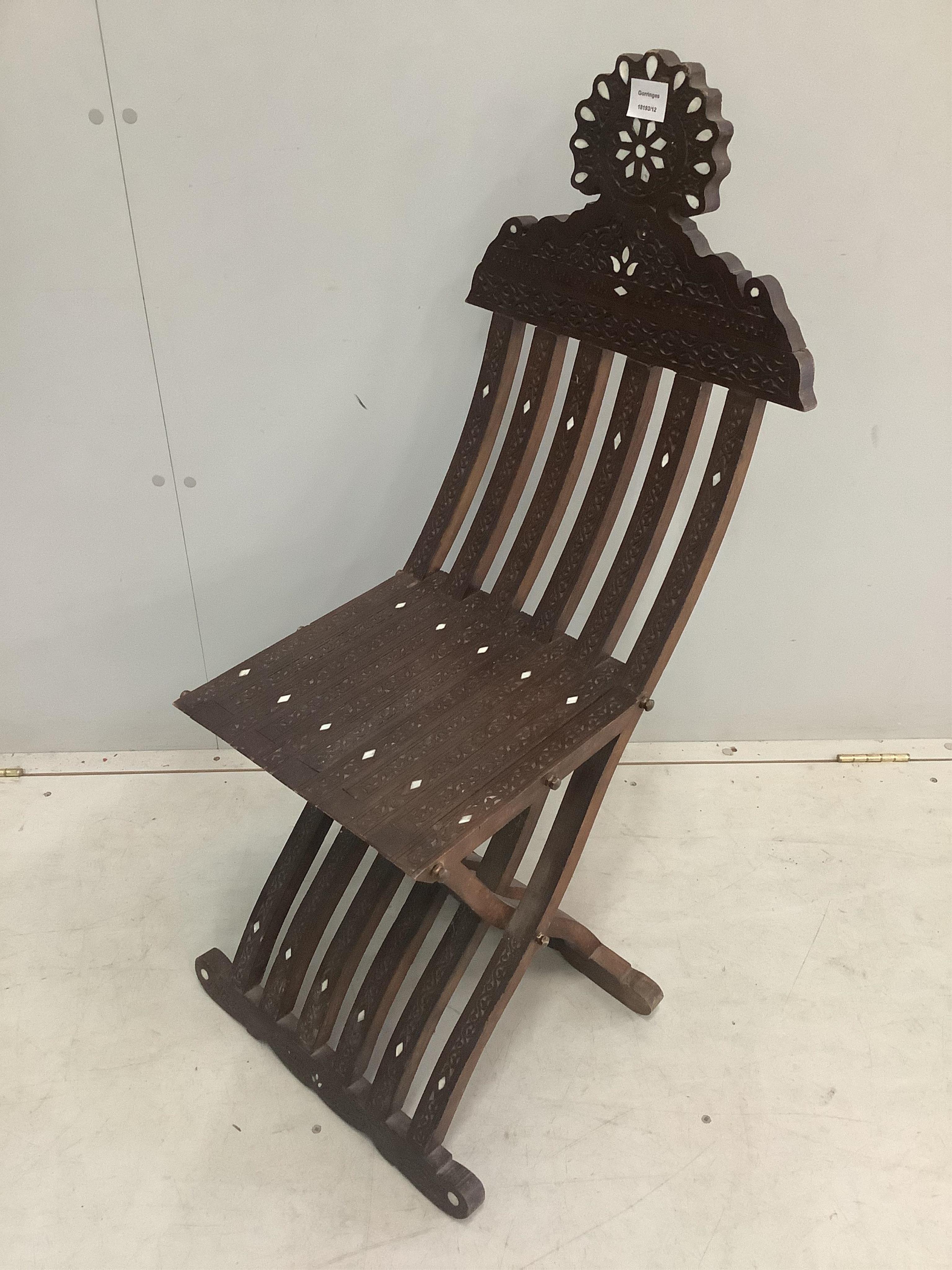 A Damascan inlaid hardwood X frame chair, height 101cm